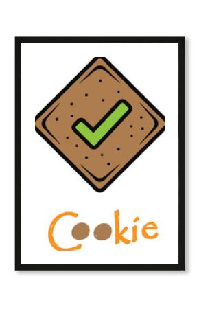 Brown square cookie with green checkmark and scattered dots with the word Cookie below biscuit approval