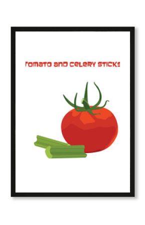 Vector illustration of whole tomato and celery sticks isolated on white. Flat design of vegetable cards for culinary website, courses, printing. Food card with inscription "Tomato and celery sticks"