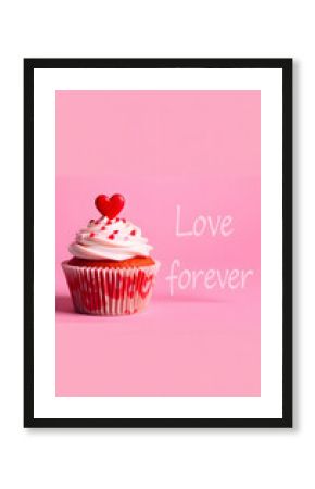 Valentines cupcake with red heart near love me forever lettering on pink background isolated with white highlights, png