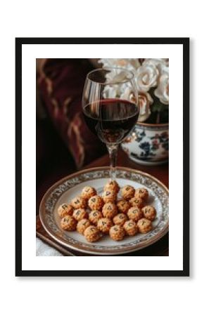 Gourmet snack with wine and lettered treats on elegant plate