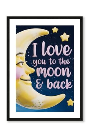 Whimsical illustration featuring crescent moon with face and pink lettering saying "I love you to the moon & back" with stars in dark sky. AI generated.