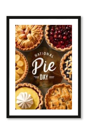 Appetizing pies with different fillings around the inscription “national pie day”. Vertical banner with baked goods in photorealistic style, top view