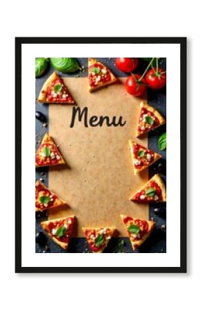 Pieces of pizza lie on brown paper with the inscription "Menu". Menu lettering concept for restaurants and cafes.