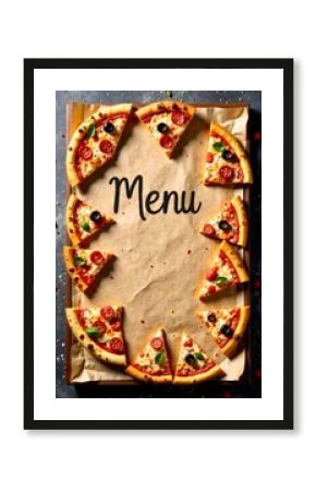 Pieces of small pizza lie on brown paper with the inscription "Menu". Menu lettering concept for restaurants and cafes.