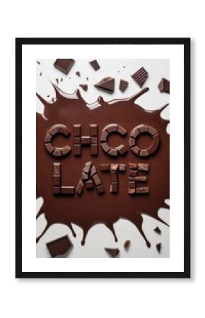 Chocolate Latte text with chocolate splatter and broken bars on rich brown background