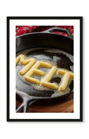 Cast-iron skillet with melted butter forming the letter M