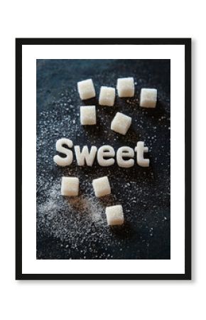 sugar cubes arranged to spell the word "Sweet" on a dark background