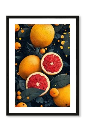 A vibrant poster with exaggerated, hand-drawn elements like oversized fruits, flowers, and abstract patterns. The colors are bold, and the design is chaotic.