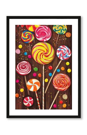 classic candy store banner with vibrant lollipops and swirly lettering