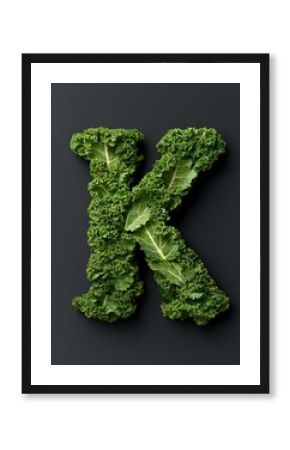 Arrangement of food in Vitamin shape concept. Kale arranged in the shape of the letter K on a dark background