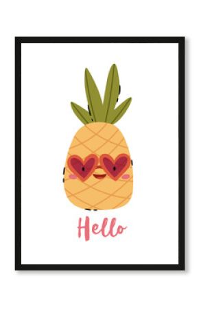 Pineapple in heart shaped glasses. Funny summer picture. Hello inscription.