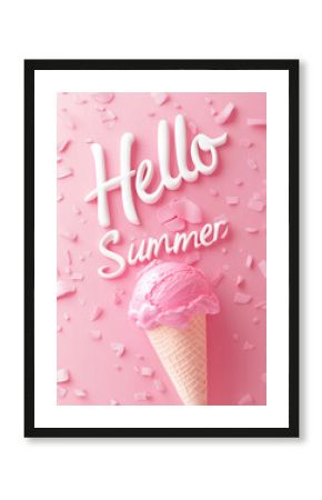 Hello summer lettering pink color ice cream. Summer concept. Generative Ai.