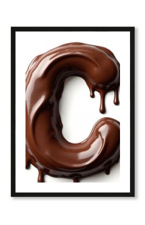Melting chocolate forms letter C. Sweet dark brown cocoa dessert. Delicious handmade confectionery treat, glaze drip. Glossy swirl surface. Stylish creative lettering, unique symbol for culinary