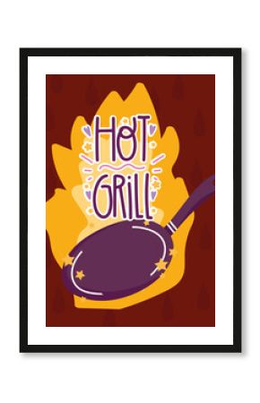 cooking hot grill saucepan in cartoon style lettering
