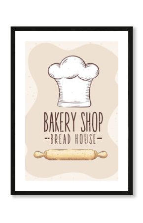 bakery shop lettering with chef hat and wooden roll vector illustration design