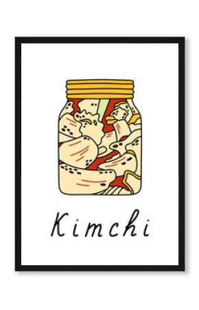 Kimchi in jar. Korean cuisine. Vector illustration with lettering.