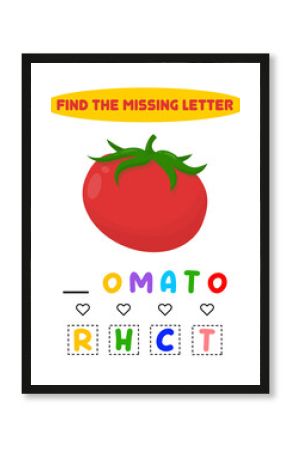 Find the missing letter. Tomato. educational sheet for children