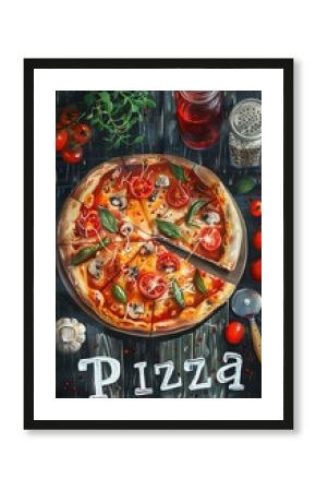 Calligraphy lettering - Pizza with pizza ingredients on black background. Template for restaurant, delivery, cafe