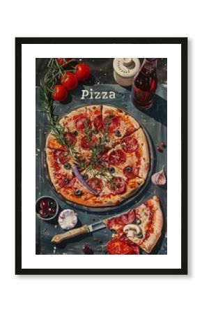 Calligraphy lettering - Pizza with pizza ingredients on black background. Template for restaurant, delivery, cafe