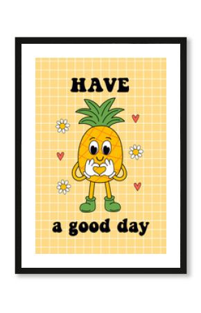 poster with cute pineapple on a checkered background