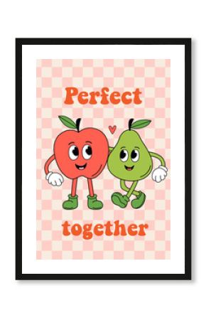 poster with cute apple and pear on a checkered background