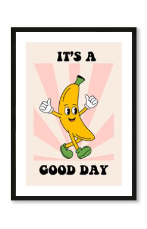 poster with cute banana  on a striped background