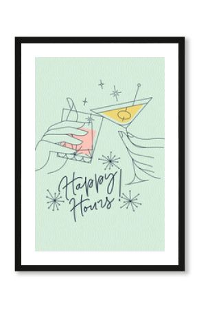 Poster clinking glasses with lettering happy hours drawing with color on green background