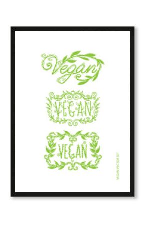 Vegan lettering with leafs .  Vegetarian logotype. Ecology product.Organic, bio, eco and natural ,icons, labels.