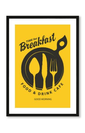 Vector banner on the theme of Breakfast time with spoon, fork and knife the yellow background with inscriptions in retro style. Morning banner or menu