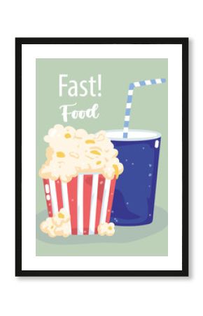 fast food pop corn and soda menu restaurant unhealthy, poster hand drawn lettering