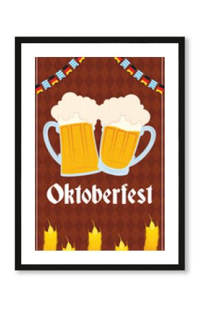 oktoberfest party lettering in poster with beers and barley spikes