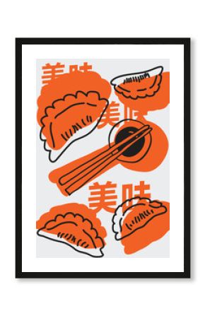 Asian streetwear print, oriental trendy fashion vector illustration. Asian food, chopsticks. Chinese lettering translation - delicious