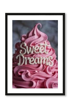 Bright pink cupcake frosting with ruffled swirl and piped lettering