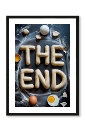 Emoji-style donuts with THE END text in flour-dusted cookie setup
