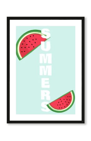 Playful summer illustration with vertical SUMMERS text and juicy watermelon slices on a light pastel background, perfect for seasonal posters, social media, or summer-themed designs.
