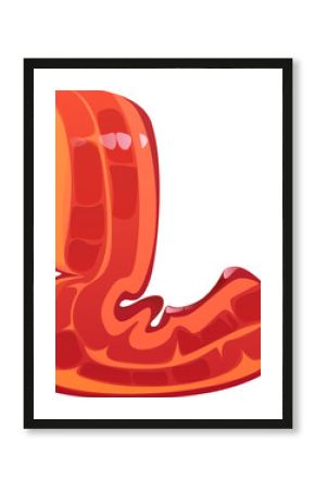 Fast food bacon meal English ABC font letter L. Fastfood menu meal alphabet symbol, street cafe appetizer vector English font typeset letter. Fast food kids ABC font typeface element