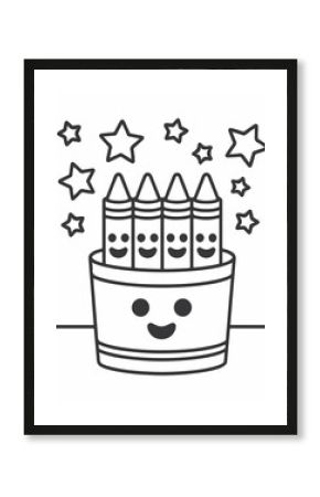Smiling Crayons in a Smiling Crayon Box with Stars Coloring Page
