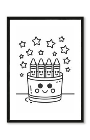 Smiling Crayons in a Smiling Crayon Box with Stars Coloring Page