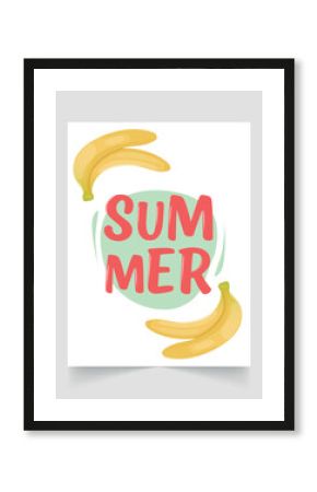 Summer poster design with bananas. Hand drawn lettering "Summer". Vector illustration for poster, invitation, postcard.