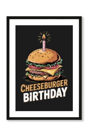 A cheeseburger is topped with a lit birthday candle, combining elements of a birthday celebration with a classic fast-food item. Cheeseburger Birthday