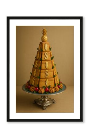 Golden Pineapple Shortbread Cake with Embossed Lettering on Silver Pedestal