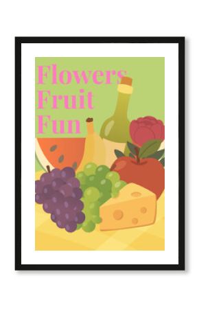 Summer postcard with Fruit, Cheese and Peony with “Flowers, Fruit, Fun” Quote, Vector Illustration