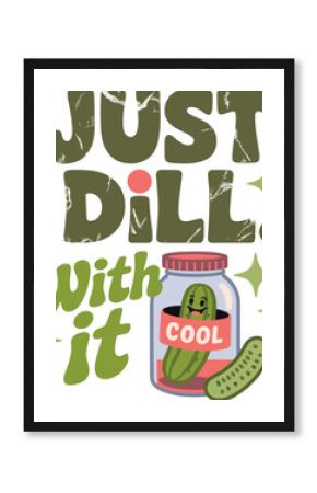 Pickle pun cartoon vector. Cool cucumber in jar with sparkles and bold retro lettering. Doodle style.