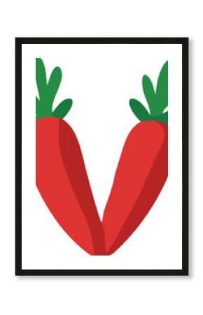 Two vibrant stylized carrots with green tops forming a distinctive v shape against a white background