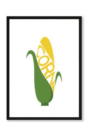 Corn with inscription corn. Vegetable, planting and harvest symbol. Natural organic food. Isolated vector image
