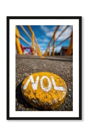 Close-up of a weathered, yellow marker on a dark gray bridge walkway, displaying the inscription "NOL" in white paint, with a vibrant blue sky and yellow-white bridge railings in the background.