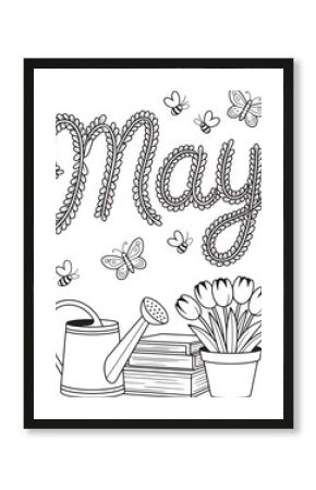 May lettering with watering can books tulips bees and butterflies spring season
