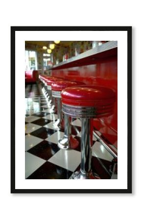 Colorful retro diner, shiny red stools, clean checkered floor, no lettering
