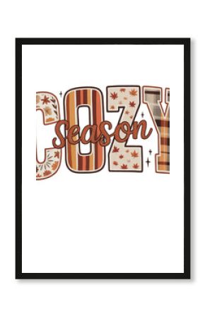 Cozy Season Text with Autumn Leaf and Plaid Patterns on Letters lettering word