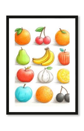 an illustration. a set of different fruits individually, classification. The pattern is suitable for packaging. without labels or letters. poster, poster, postcard.